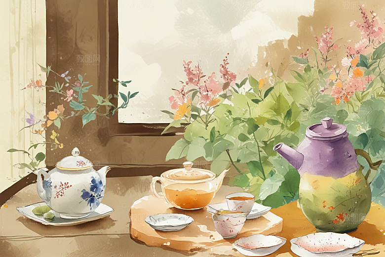 古风茶具旁鲜花盛放图片