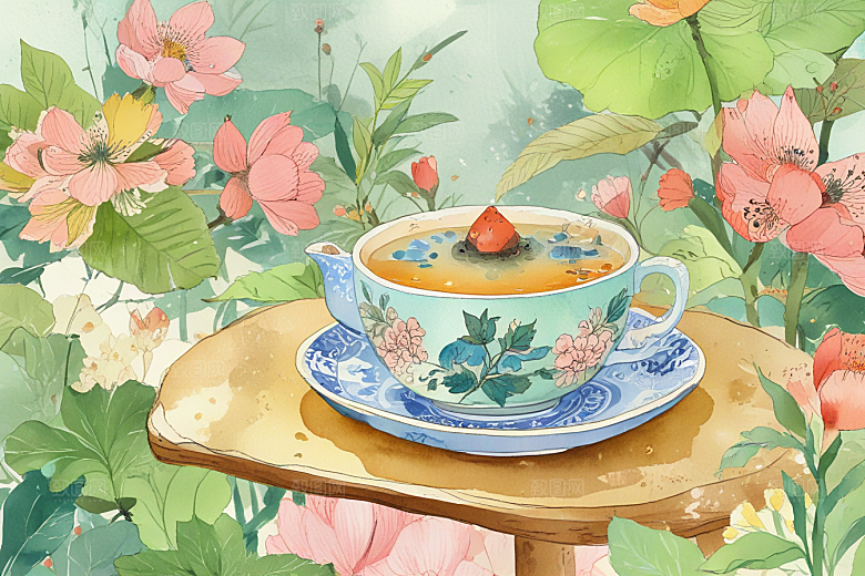 古风茶具旁鲜花盛放图片