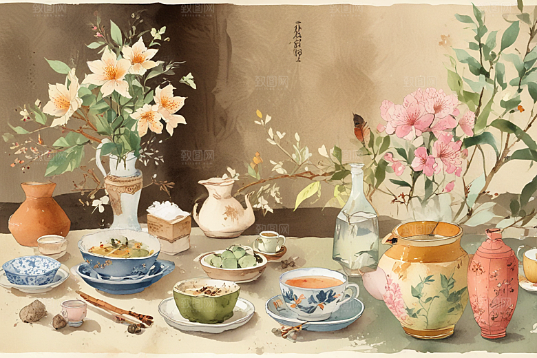 古风茶具旁鲜花盛放图片