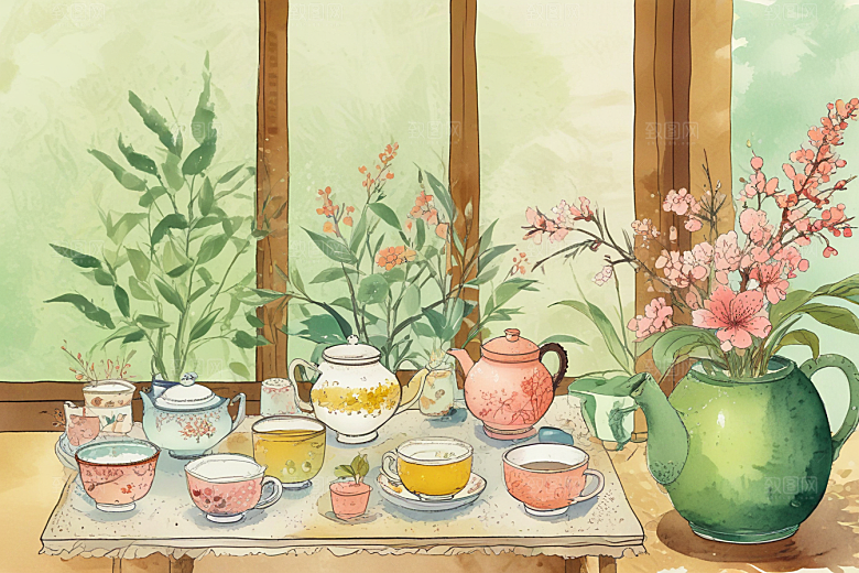 古风茶具旁鲜花盛放图片