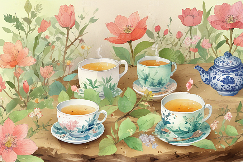 古风茶具旁鲜花盛放图片