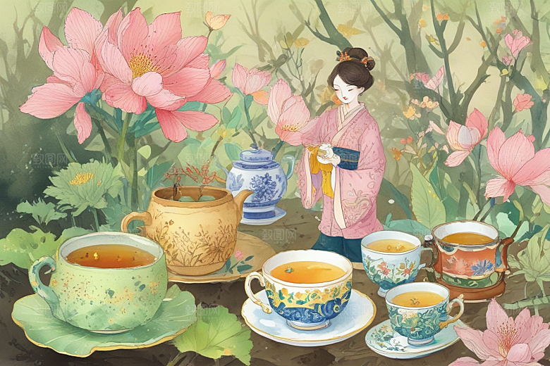 古风茶具旁鲜花盛放图片