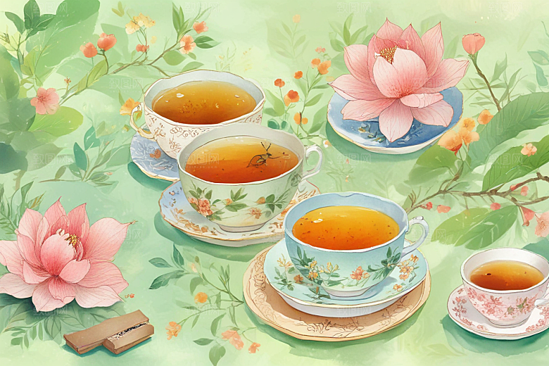 古风茶具旁鲜花盛放图片