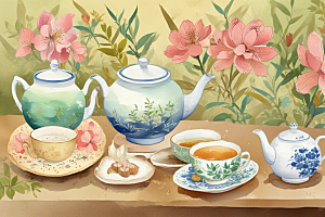古风茶具旁鲜花盛放图片