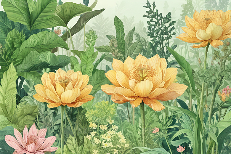 复古插画绿色植物黄色花朵图片