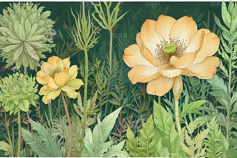 复古插画绿色植物黄色花朵图片
