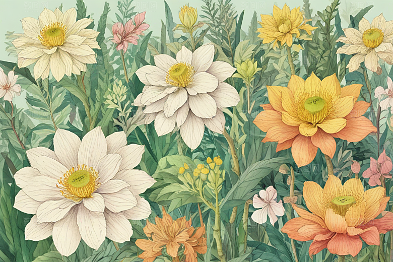 复古插画绿色植物黄色花朵图片