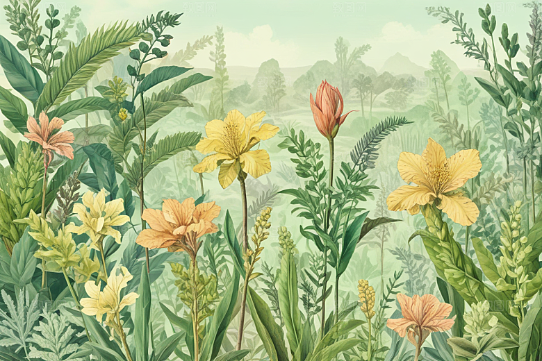 复古插画绿色植物黄色花朵图片