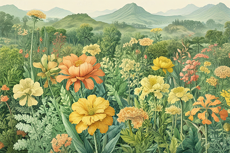 复古插画绿色植物黄色花朵图片