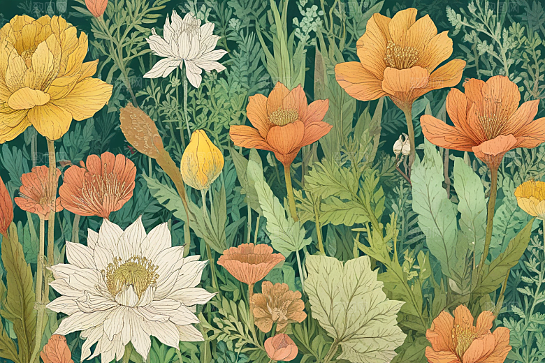 复古插画绿色植物黄色花朵图片