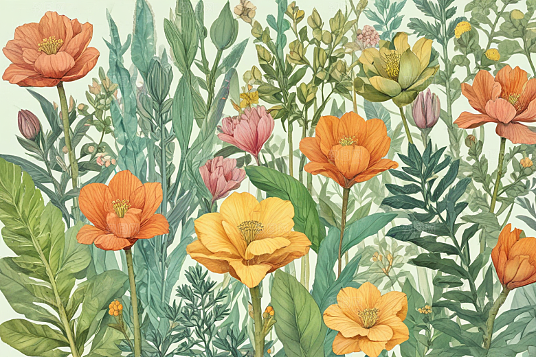 复古插画绿色植物黄色花朵图片
