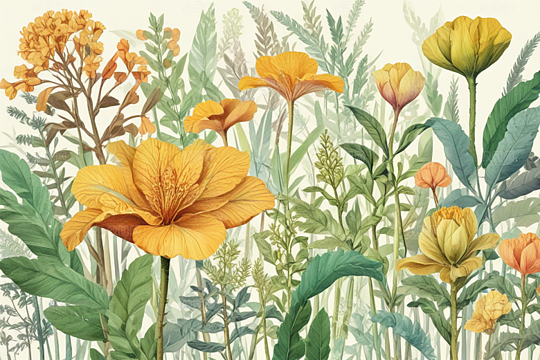 复古插画绿色植物黄色花朵图片