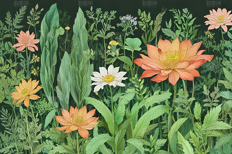 复古插画绿色植物黄色花朵图片