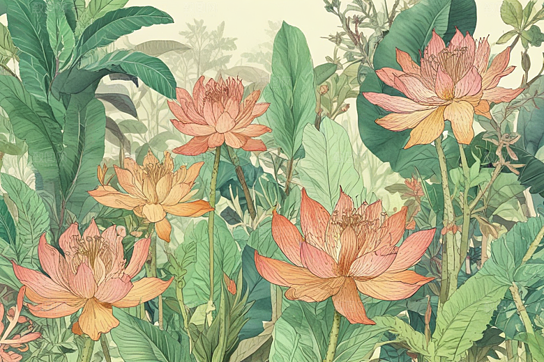 复古插画绿色植物黄色花朵图片