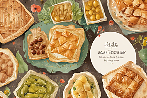 美食插画：精致的西式糕点和水果拼盘图片