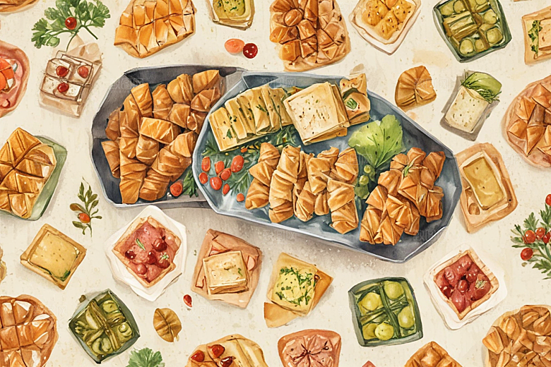 美食插画：精致的西式糕点和水果拼盘图片