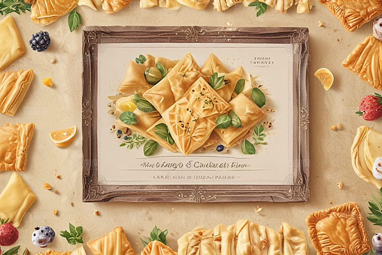 美食插画：精致的西式糕点和水果拼盘图片