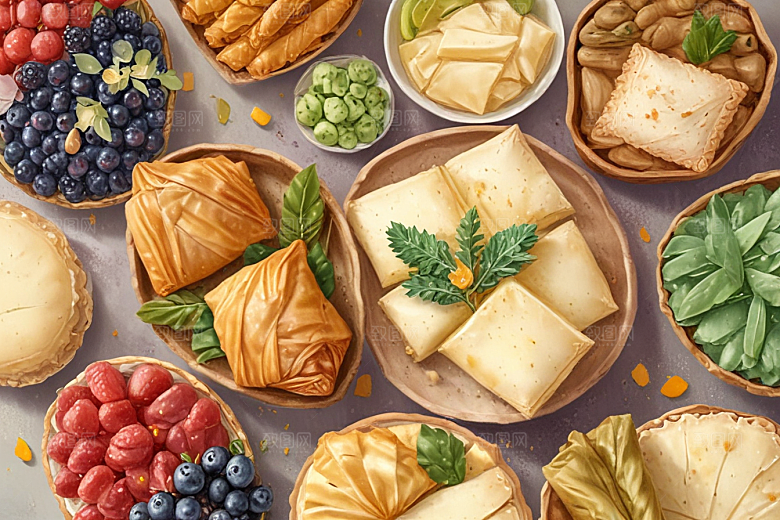 美食插画：精致的西式糕点和水果拼盘图片