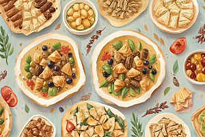 美食插画：精致的西式糕点和水果拼盘图片