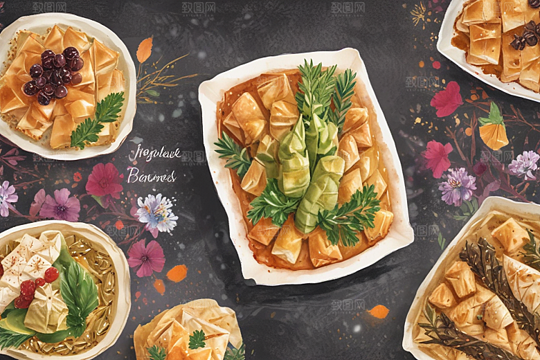 美食插画：精致的西式糕点和水果拼盘图片