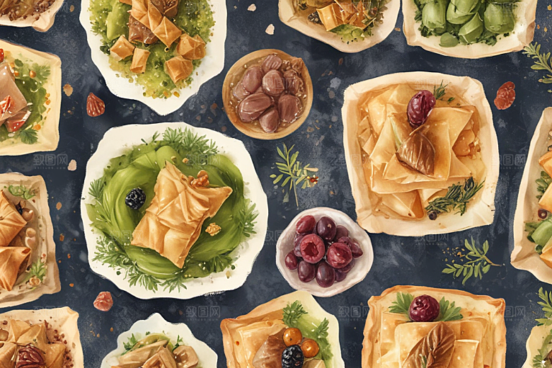 美食插画：精致的西式糕点和水果拼盘图片