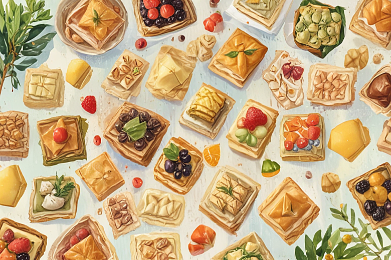 美食插画：精致的西式糕点和水果拼盘图片