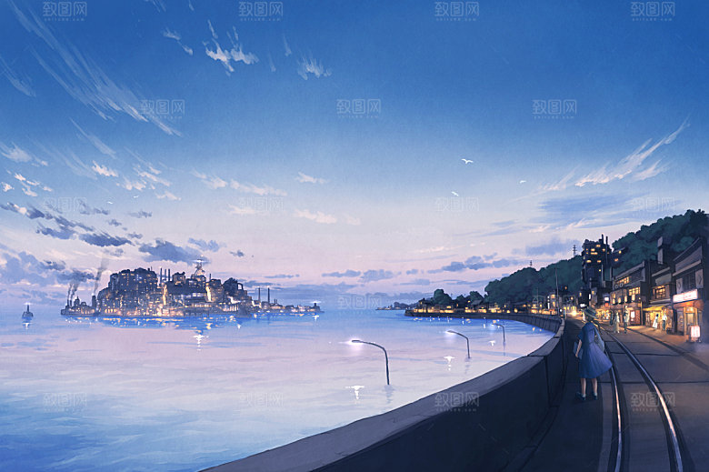 创意风景漫画夕阳插画