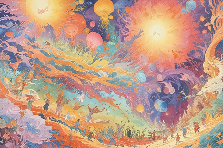 极光下奇幻世界色彩斑斓神话