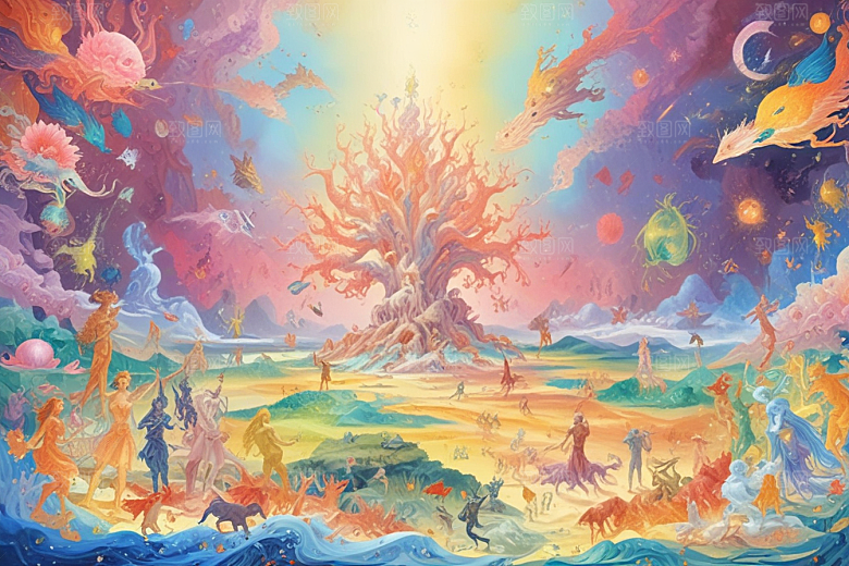 极光下奇幻世界色彩斑斓神话