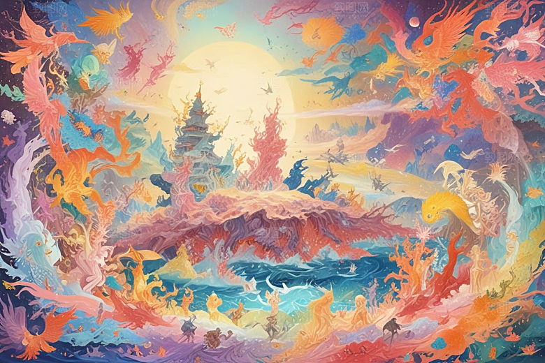 极光下奇幻世界色彩斑斓神话