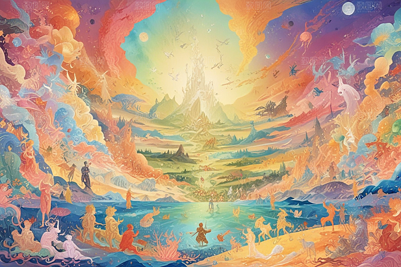极光下奇幻世界色彩斑斓神话