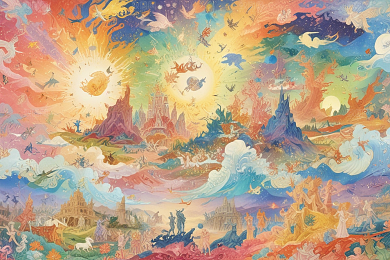 极光下奇幻世界色彩斑斓神话