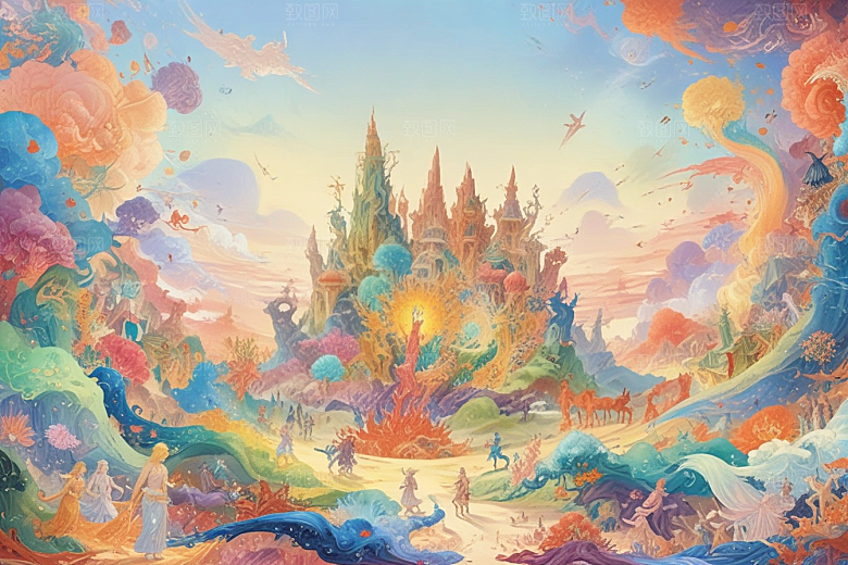 极光下奇幻世界色彩斑斓神话