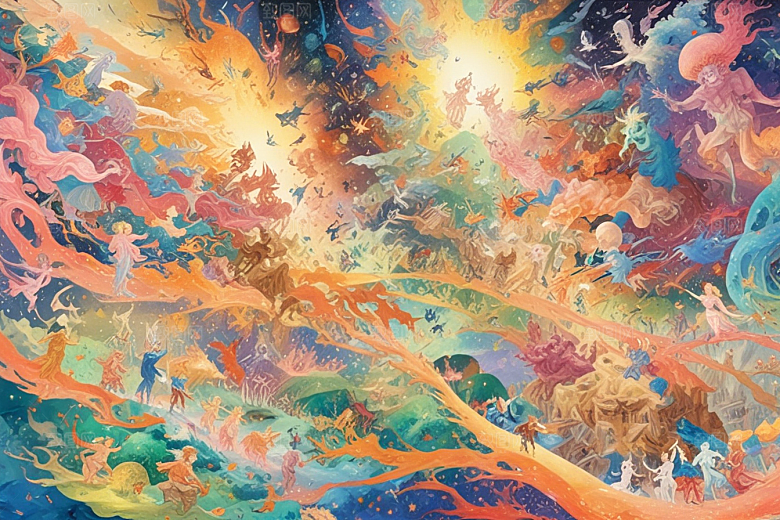 极光下奇幻世界色彩斑斓神话
