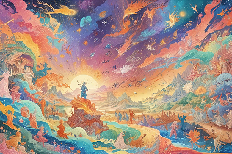 极光下奇幻世界色彩斑斓神话