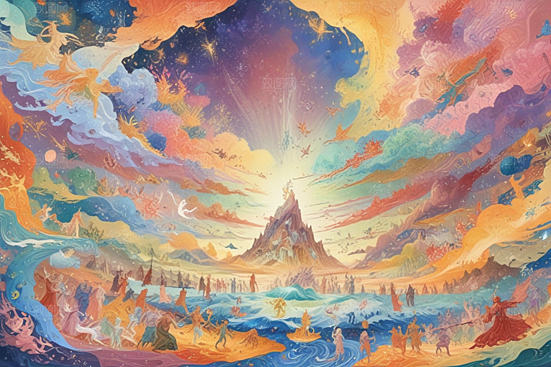 极光下奇幻世界色彩斑斓神话