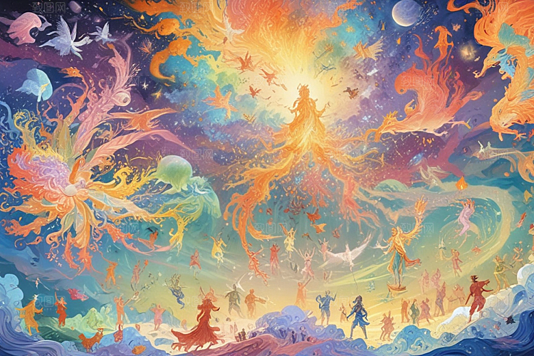 极光下奇幻世界色彩斑斓神话