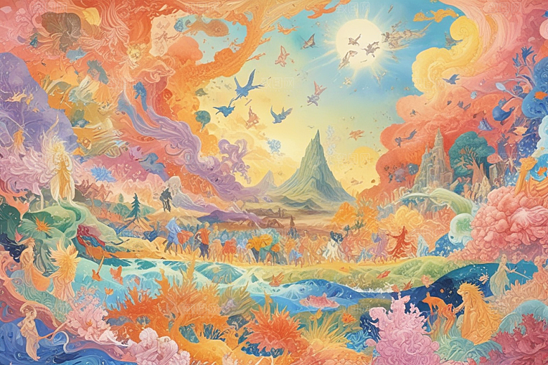 极光下奇幻世界色彩斑斓神话