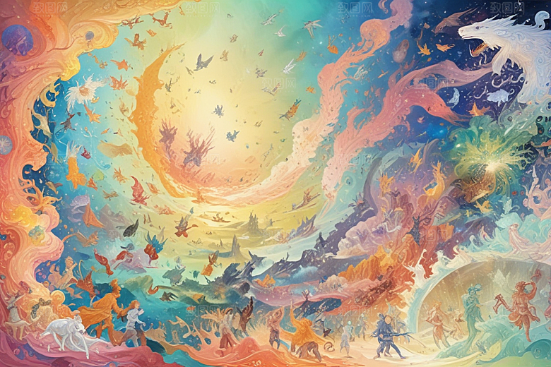 极光下奇幻世界色彩斑斓神话