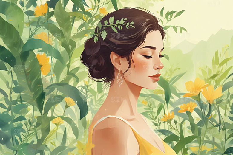 花丛中优雅女子图片