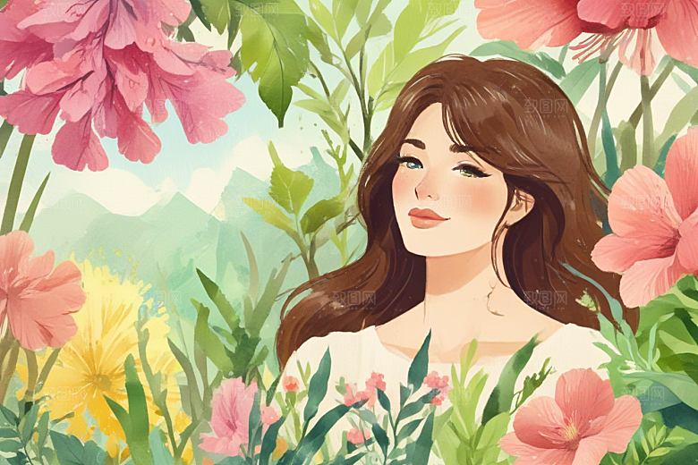 花丛中优雅女子图片