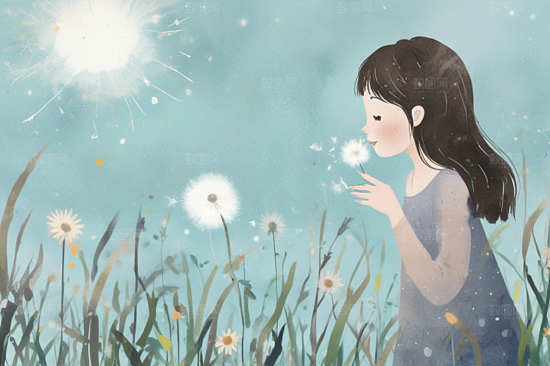 金色长发少女吹蒲公英图片