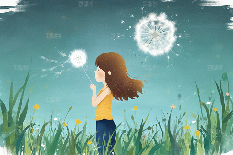 金色长发少女吹蒲公英图片