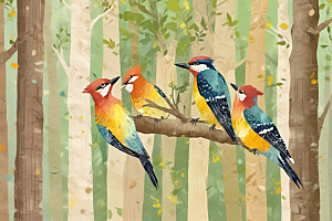 森林多彩鸟类插画图片