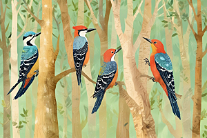 森林多彩鸟类插画图片