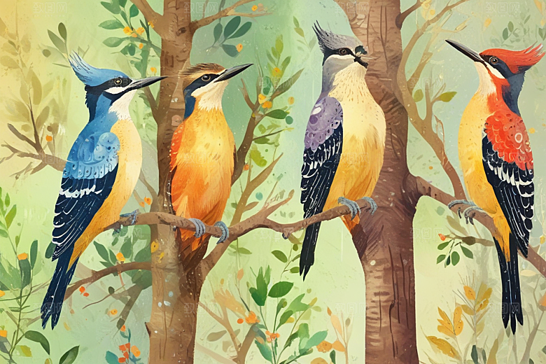 森林多彩鸟类插画图片