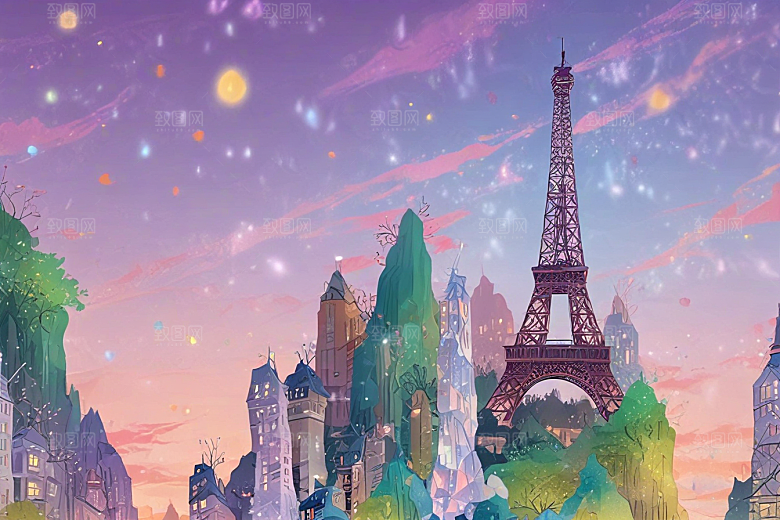 梦幻巴黎铁塔插画图片