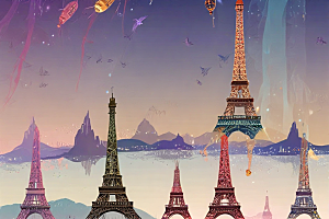 梦幻巴黎铁塔插画图片