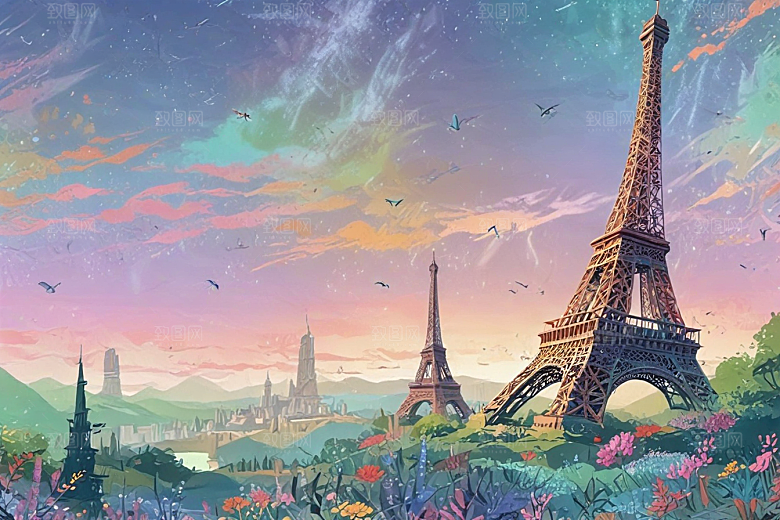 梦幻巴黎铁塔插画图片