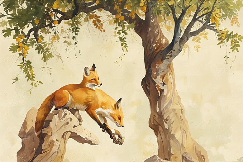 两只狐狸跳起摘果子插画图片